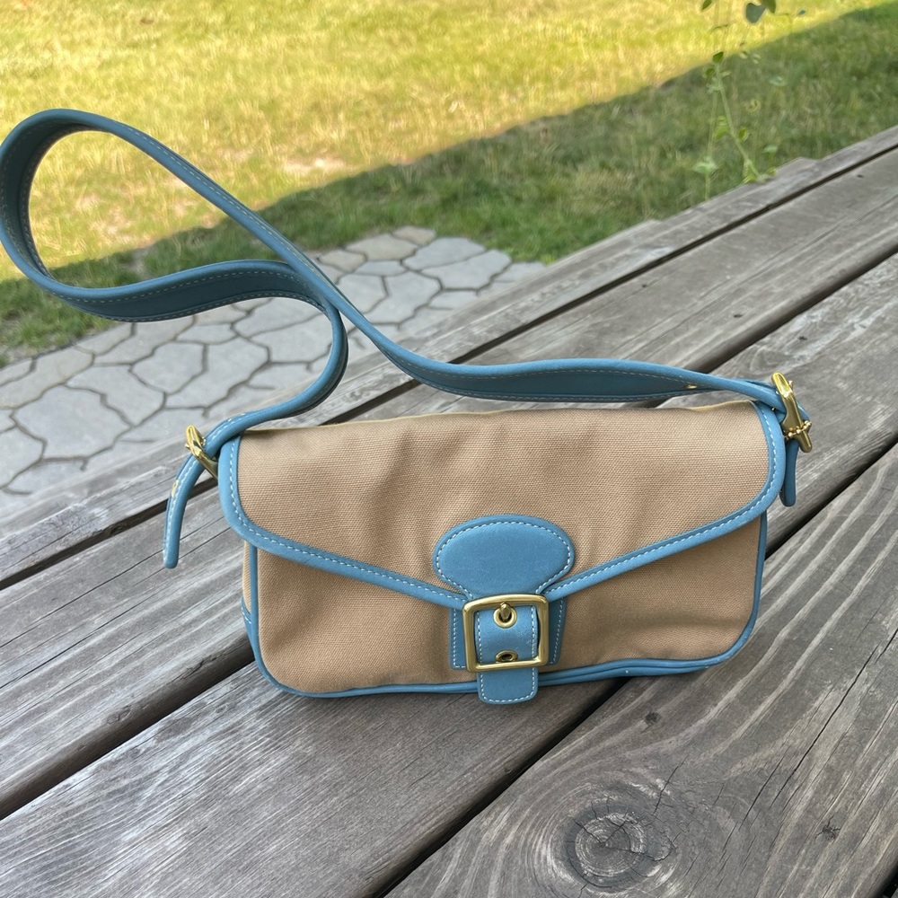 Coach Canvas Legacy Shoulder Bag Tan canvas blue leather